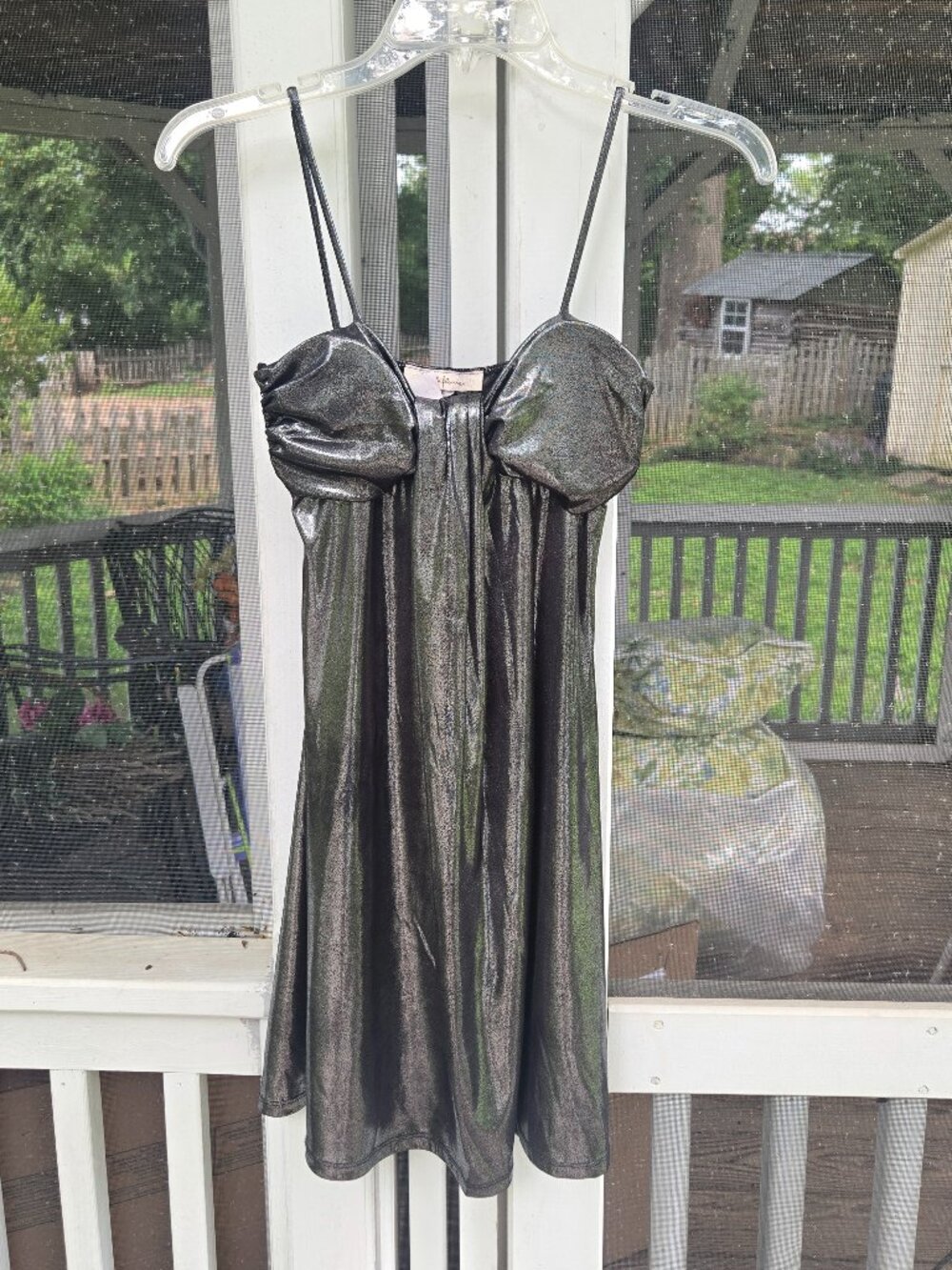 Vintage Y2K Gunmetal Metallic Babydoll Dress | Black Liquid Foil Party Mini